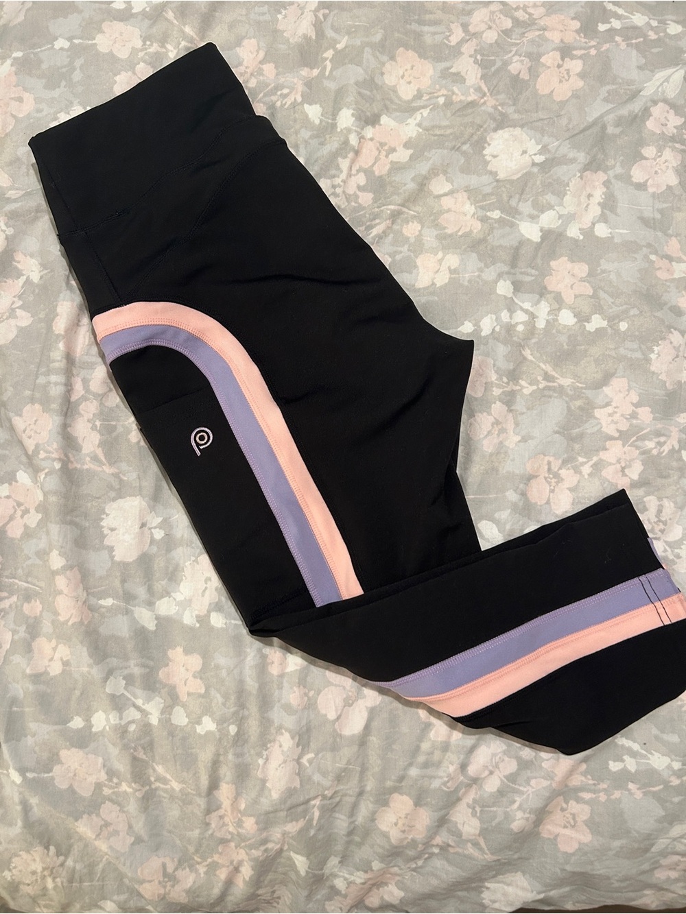 POP Fit High Waisted Black Leggings with Peach and Lavender Stripes